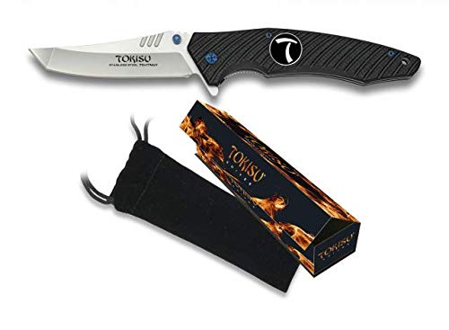 Tokisu Navaja japonesa K25 fabricado por CNC G-10 y FIBRA DE CARBONO 9,5 cm con CLIP Hoja 10 cm para Caza, Outdoor, Supervivencia y Bushcraft 18322 + Portabotellas de regalo