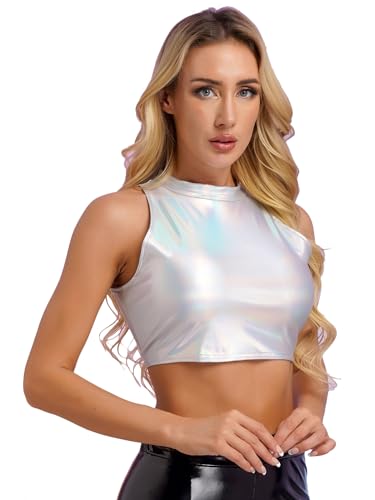 YiZYiF Women's Shiny Leather Metallic Sleeveless Mock Neck Crop Tank Tops Vest Dance Party Clubwear