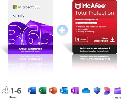 Microsoft 365 Family | 6 People | Up to 6TB Cloud Storage | AI Office Apps | Renews for £104.99 + McAfee Total Protection | 5 Devices | Renews for £95.99 | Annual auto-renewing Amazon subscription