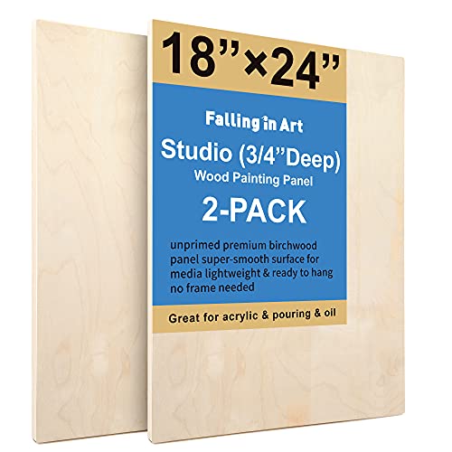 Unfinished Birch Wood Canvas Panels Kit Falling in Art 2 Pack of 18x24 Studio 3/4 Deep Cradle Boards for Pouring Art Crafts Painting and More