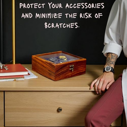 Image of Watch Box Organizer for Men, Mens Watch Display Case - 6 Slot Wooden Watch Case, Vintage Brown, Rosewood Velvet Lining, Glass Top, Made for special events- Ideal gift for Him, Luxury home for watches.