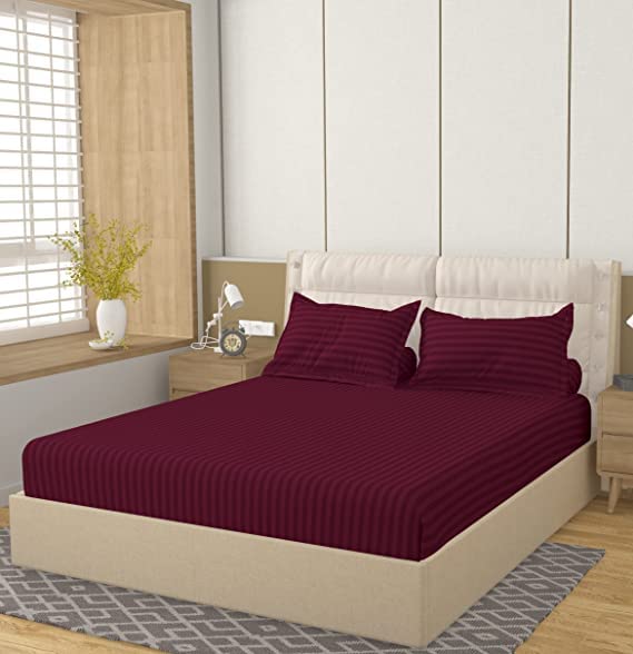 OPTENZER Solid Satin Stripe Elastic Fitted 1 King Size Bedsheet with Two Pillow Covers. Size 72x78 Inches + 10 Inches (Drop) (Wine) (B0BSCHGQNG) Amazon Price History, Amazon Price Tracker
