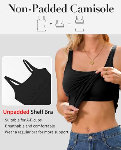 Image of V FOR CITY Non-Padded Shelf Bra Tank Top for Women Cotton Adjustable Wide Strap Camisole Basic Cami Shirts 2 Pack