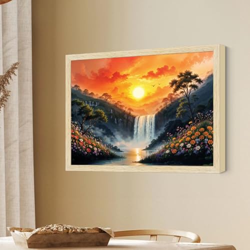 Image of ArtX Canvas Rising Sun Painting For Vastu, Big Size Wall Art, Waterfall Painting Vastu, Rising Sun Wall Decor, Multicolor, Nature, 61.0 X 48.0 cm, Set of 1