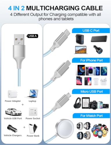 Image of Multi Charging Cable for Apple Watch Charger /iPhone /Samsung Charger,Type C /Lightning /iWatch /Micro Charger Cord for iWatch Ultra /10-2 /iPhone /Galaxy /Airpods,Travel Essentials[1.2M]-Blue