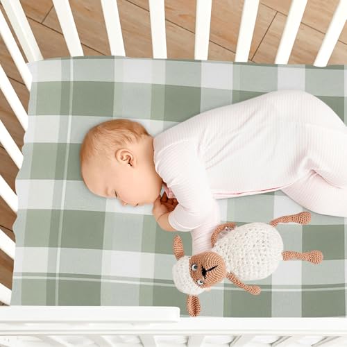 Image of Caikeny Fitted Crib Sheet for Boys Girls Sage Green Grey Plaid Baby Crib Sheets Bassinet Sheets Crib Mattress Bed Sheets for Toddler Newborn Infant 52 X 28 in