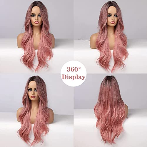 Jooler Pink Wigs For Women Pink Wig Ombre Wigs Long Pink Wigs Natural Hair Color Wigs Middle Part 24 Inch Wig Heat Resistant (Pink)… #TOP3