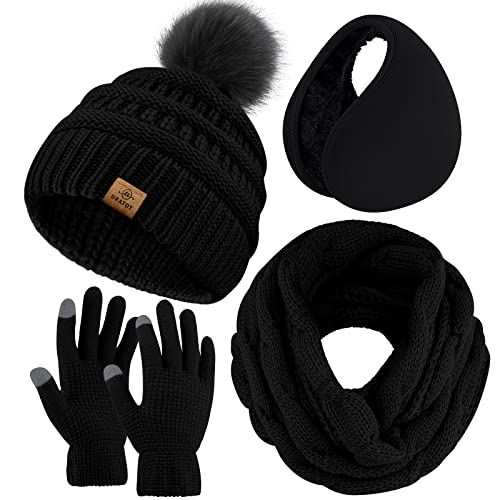 URATOT Winter Warm Sets Knitted Scarf Beanie Pompom Hat Touch Screen Gloves and Winter Ear Warmer Set for Men or Women