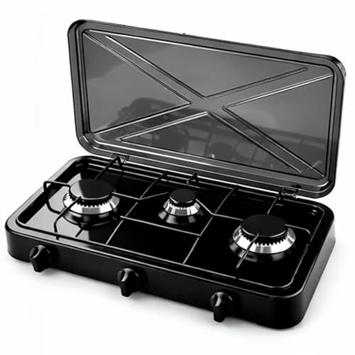 BRICOZONE Fornello A Gas Portatile 3 Fuochi Con Coperchio Richiudibile Piano Cottura Da Campeggio In Acciaio Con Griglie Smaltate Compatibile GPL E Gas Naturale Per Camper Picnic Outdoor (3 Fuochi)