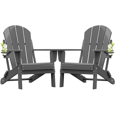 Folding Adirondack Chair Set of 2 with Cup Holder, Poly Lumber Patio Chairs, Wood Texture, Pre-Assembled Weather Resistant Outdoor Chairs for Pool, Deck, Backyard, Garden, Fire Pit Seating, Slate Gray Cover
