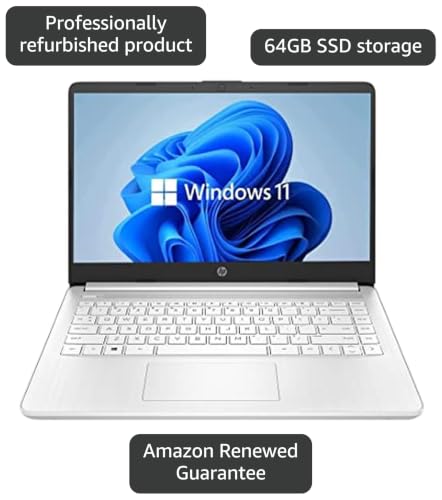 Image of HP 14 inch HD Laptop, Windows 11, Intel Celeron Dual-Core Processor Up to 2.60GHz, 4GB RAM, 64GB SSD, Webcam(Renewed)