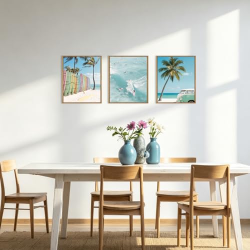 Image of KAIRNE Ocean Beach Framed Canvas Wall Art Set, Coastal Seascape Surfboard Wall Decor, Modern Palm Tree Art Prints, Summer Surfing Blue Artwork for Living Room, Bedroom, Farmhouse, Office-12 x16 x3