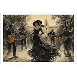 CRTDYQU Flamenco Dancer Canvas - Spanish Music Wall Art Guitarist Painting Dance Scene Print Ready to Hang Decor for Home & Office 36X48 in Unframed