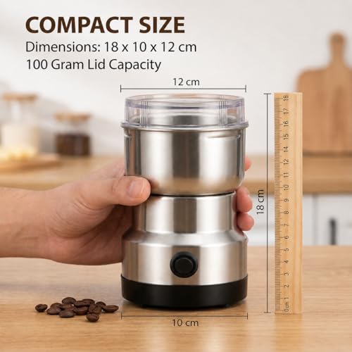 Image of Andrew James Mini Mixer Grinder Small Size 150W High Speed | EVERSYS Stainless Steel Spice Grinder & Coffee Beans Grinder | Portable Electric Grinder for Masala, Dry Ingredients (100g Capacity)