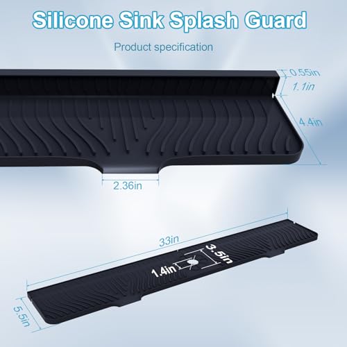 Image of Derlights 33 inch Sink Splash Guard Mat, Silicone Faucet Handle Drip Catcher Tray, Longer Silicone Sink Mat for KitchenBathroom, Drip Protector Splash Countertop (Black)