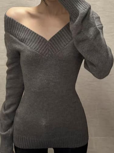 V Neck Sweaters Women Pullover Coquette Sweater Y2k Emo Clothes Long Sleeve Cable Knit Sweater 2000s Grunge Vintage2