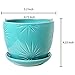 MyGift Aqua Ceramic Indoor Plant Pot with Drainage Hole and Decorative Sunburst Design, 5 Inch Round Succulent Planters with Attached Saucers, Set of 2