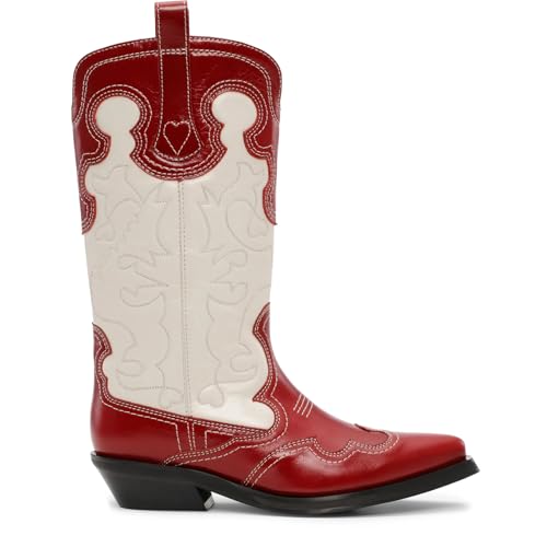 QIV Western Cowboy Boots for Women Pointed Toe Chunky Heel Mid Calf Cowgirl Boots with Embroidery