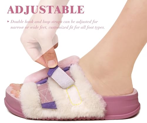 KuaiLu Womens Fuzzy Platform Open Toe Slipper with Arch Support Fluffy Furry Slides Orthotic Faux Rabbit Fur Sandal Ajustable House Shoes Indoor Outdoor Pink Size 83