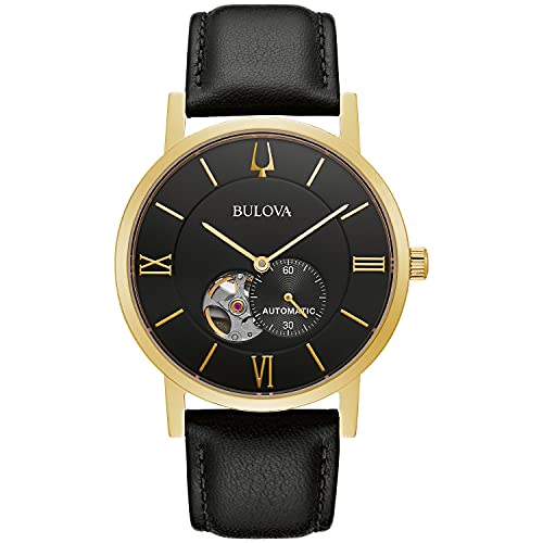 Montre automatique Bulova American Clipper en cuir avec cœur ouvert et boîtier doré