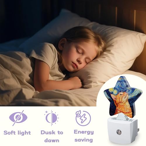 Image of Cat Starry Night Night Lights Plug Into Wall Decorative,Oil Painting Nightlight with Dusk Sensor for Bathroom,Kitchen,Entryway,Room Accent,Gifts