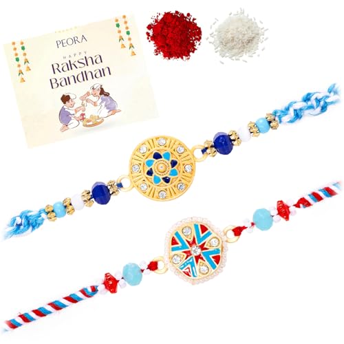 Image of Peora Rakhshabandhan Thread Rakhi for Brother Bhaiya | Kundan Beads & Crystal Studded | Combo Set of 2 | Rakhi Hamper Roli Chawal & Greeting Card