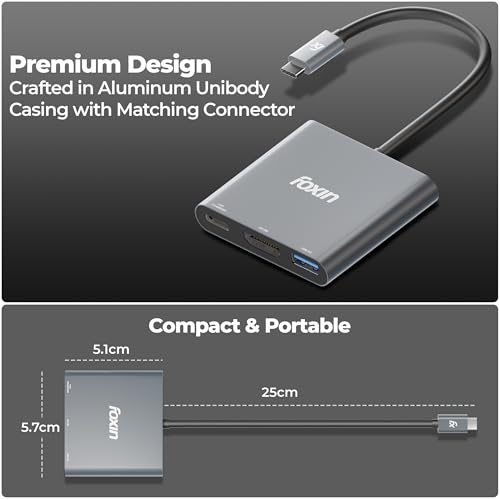 Image of Foxin 3-in-1 Type-C to HDMI Adapter, Multiport USB-C Hub with 4K @ 30Hz HDMI, USB 3.0 @ 5Gbps, 100W PD Charging, Metal Body, Built-in Type-C Cable for MacBook, Laptops & Type-C Devices - C HUB 3