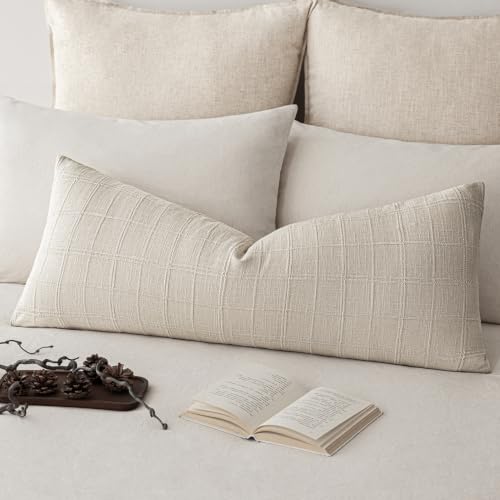Image of Foindtower Set of 1 Decorative Linen Check Throw Pillow Cover Neutral Long Body Lumbar Cushion Cover Farmhouse Vintage Home Decor for Sofa Chair Couch Bedroom Living Room,14x36 Inch,Natural Beige