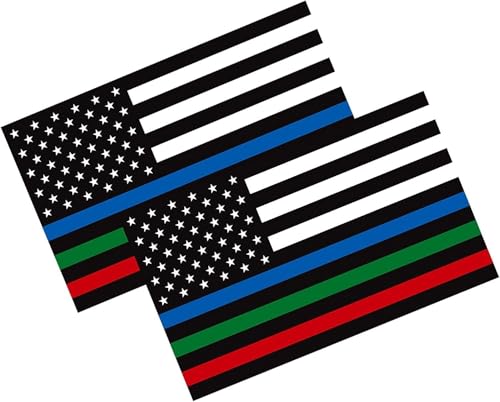 Image of 2-Pack Thin Blue Red Green Line Vinyl Sticker 6x4 Inches Thin Line Decals /Police Military and Fire USA Flag Decal American Flag Sticker