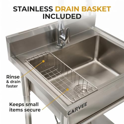 Image of Garvee 24 inch Stainless Steel Sink Freestanding Utility Sink with Large Single Basin, Pull-Out Hot & Cold Brass Faucet, Storage Shelf, Drain Kit - Heavy Duty Restaurant Laundry basin for Garage, Kitchen