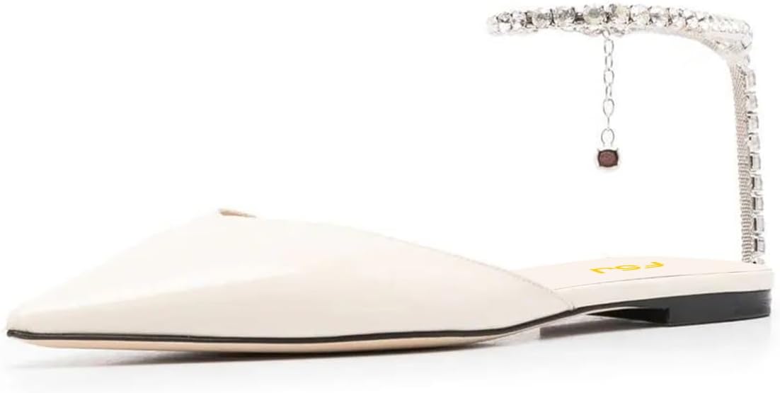 FSJ Women Pointed Toe D'Orsay Ballet Flats Rhinestone Crystal Chain Ankle Strap Low Heels Comfortable Wedding Work Casual Dress Shoes Size 4-16 US