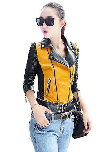 ebossy Women's Contrast Color Faux Leather Biker Jacket with Removable Bottom