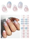 AutyaMee Semi Cured Gel Nail Strips (Pink Diamond), White French, 20 Pcs Gel Nail Wraps, Stickers, UV Light Required, Salon Quality, Long Lasting