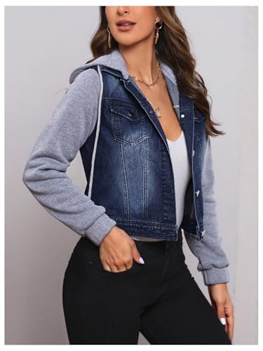 SOLY HUX Women's Hooded Denim Jacket Color Block Button Down Drawstring Long Sleeve Cropped Jean Jackets4