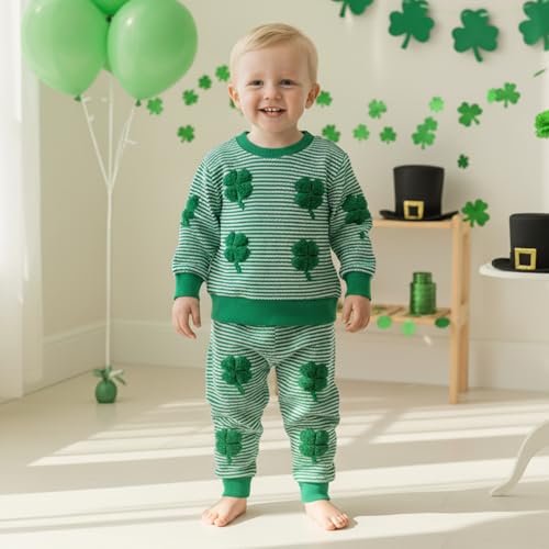 Image of Toddler Baby Boy St Patricks Day Outfit Infant Lucky Clover Sweatshirt Pants Set Little Kids Spring Warm Clothes