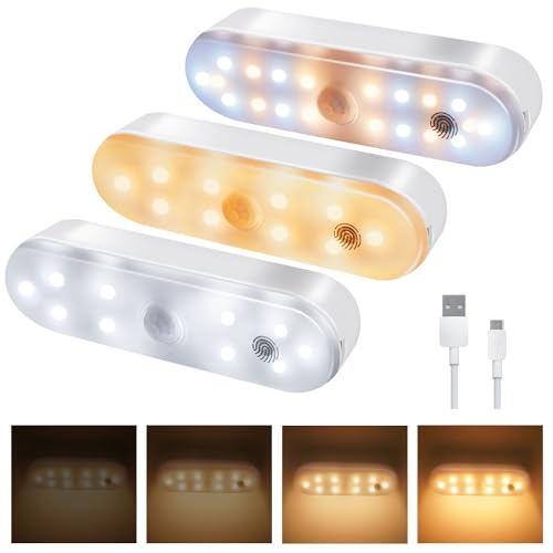 Howeifull Dimmbar Unterbauleuchte Küche LED Schrankbeleuchtung mit Bewegungsmelder, 3 Farbtemperaturen 3000K/4500K/6000K, 4 Modi, 1800mAh Nachtlicht für Küche Kleiderschrank Schrank, 3 Stück