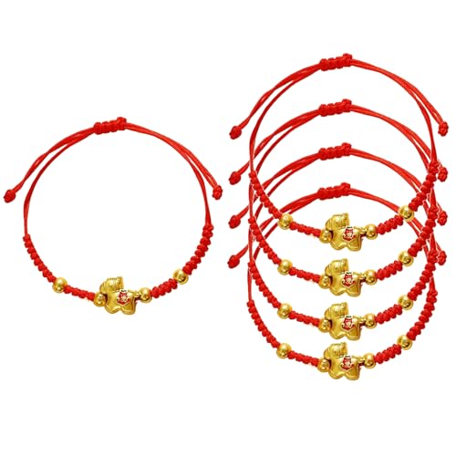 5 pulseras de cuerda roja del año chino del caballo, dije de caballo dorado, pulsera de cuerda trenzada de la suerte para mujeres y hombres, regalo ajustable del zodiaco chino, 5PCS, Madera, Ágata