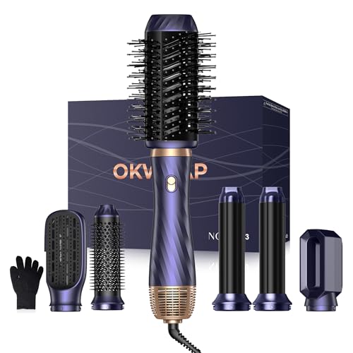 OKWRAP Cepillo Secador De Pelo 6 en 1 Cepillo de Aire Caliente Secador Moldeador Alisador set 6 Cabezales Intercambiables, 3 Temperaturas,Moldeador Pelo With Riza, Da Volumen, Alisa y Seca