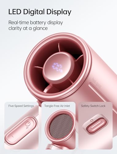 Image of JISULIFE Mini Handheld Fan Life9S - Sleek Chrome: Turbo Power, 22 Hours Cooling, LED Display, 5000mAh, 5-Speed, Small Portable Fan for Travel, Cruise, Concerts, Trendy Gifts for Women Men-Pink