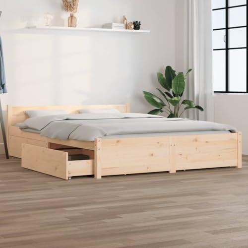 Refined Holzbett Massivholzbett Bettrahmen Bettgestell Doppelbett Lattenrost Schlafzimmerbett Schlafzimmermöbel Bett mit Schubladen 160x200 cm