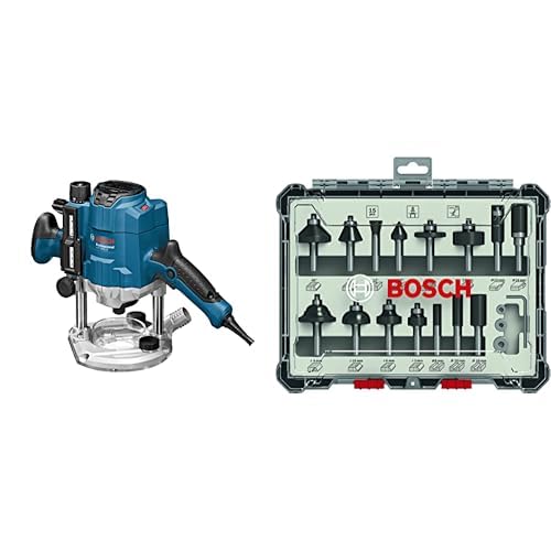 Bosch Professional 0601626000 Défonceuse GOF CE 1250 W 10000-24000 tours/min + 15 pièces Kit de Fraises Mixtes (pour Bois, Ø 8 mm Queue, Accessoires pour...