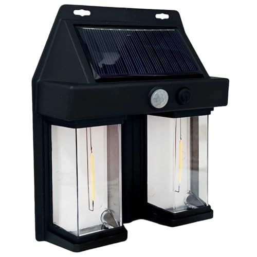 Chewtoyo Luces solares de pared para exteriores, estilo vintage con bombillas de tungsteno de doble cabeza, sensor de movimiento, atardecer a, 3 modos inteligentes, linterna impermeable IP65 para