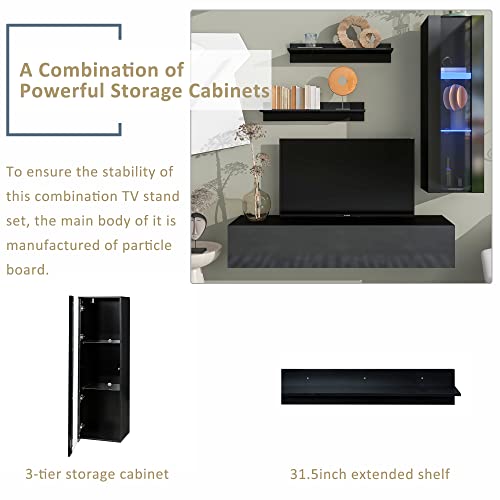 4-Piece Floating Tv Stand Wall Mounted With Led Lights And Storage Cabinet, Modern High Gloss Entertainment Center For 70 Inch Tvs, Media Console Hanging Tv Shelf For Living Room, Home Theater, Black #TOP5