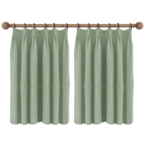 Mocsicka Linen Cafe Curtains Light Filtering Semi-Sheer Small Curtain Modern Pinch Pleat Window Treatments for Kitchen, Bedroom, Bathroom, with Rod Pocket (Sage Green, 2 Panels, 25" Lx24 W)