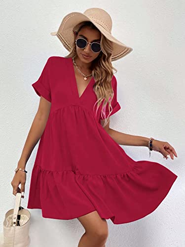 Image of WDIRARA Women's Roll Up Short Sleeve V Neck Ruffle Hem Solid Swing Smock Dress