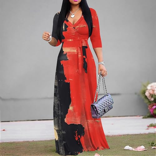 Image of PinkPatty Women's Print Maxi Dresses 3 /4 Sleeve Flowy Long Dress V Neck Wrap Tie Waist Sundress