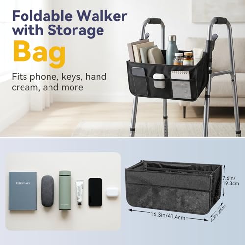 Image of Folding Walker for Seniors with Basket：Standard Walkers for Seniors Elderly | Lightweight Aluminum Rolling Walker with 4 x 5 inch Front Wheels, Storage Bag & Ski Glides 8 Height Adjustments, 350lbs Capacity