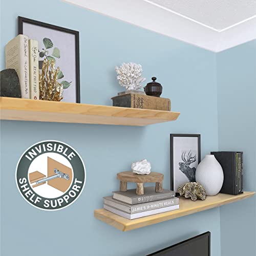 Wood Floating Shelves, 100% Ash Wood, Set Of 2-Rustic Shelf 24" Wide Wooden Wall Shelves, Made In Europe, For Living Room Bedroom Kitchen Bathroom Farmhouse, Natural Color, 24 X 6.5 Live Edge #TOP5