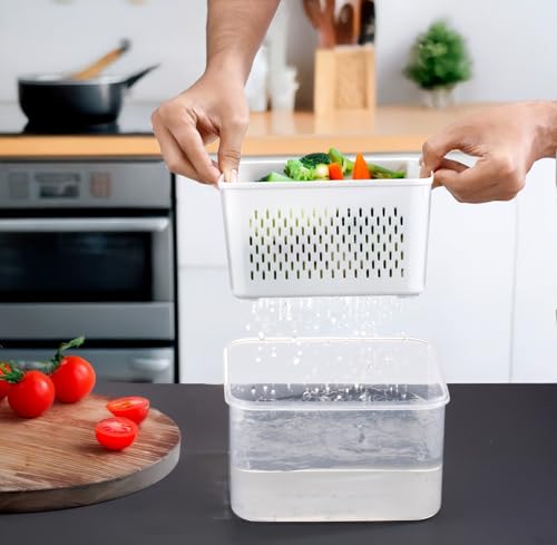 Image of Arto Food Storage Containers with Ventilated Produce Saver Baskets | Set of 4 Airtight Fridge Organizer Boxes | Keep Vegetables & Fruits Fresh Longer | Stackable Kitchen Container (White, 4-Piece Set)