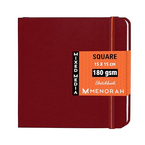 MENORAH Paper,Silk - Sketch Book for Artist - Square - 180 GSM - Square Sketchbook for Drawing, Watercolor - Hard Bound - 100 Pages/50 Sheets - (15.0 x 15.0 cm)- (RED)